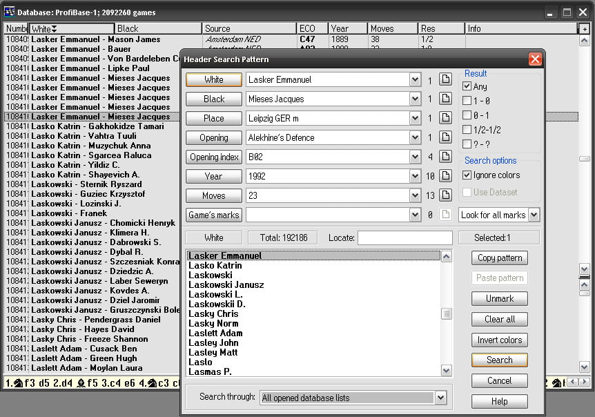 Search by game header in the database