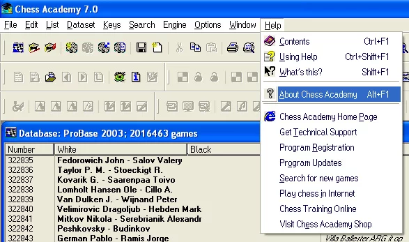 Program options 78 about chess academy help menu