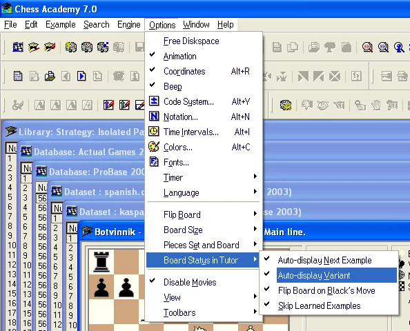 Program options 73 board status in tutor options menu