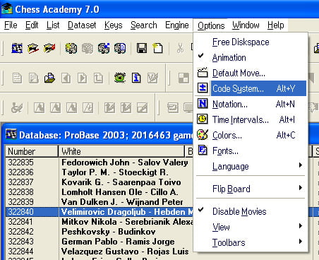 code system options menu