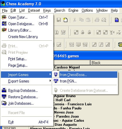 Converting options 17 convert from cbf chessbase format menu