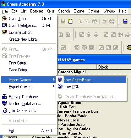Converting options 17 convert from cbf chessbase format menu