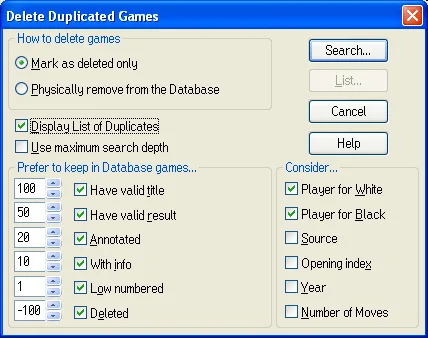 Database program 21 delete duplicated games dialog window
