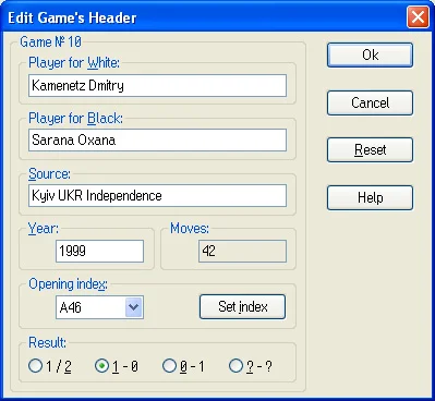 Database program 32 edit game header dialog window