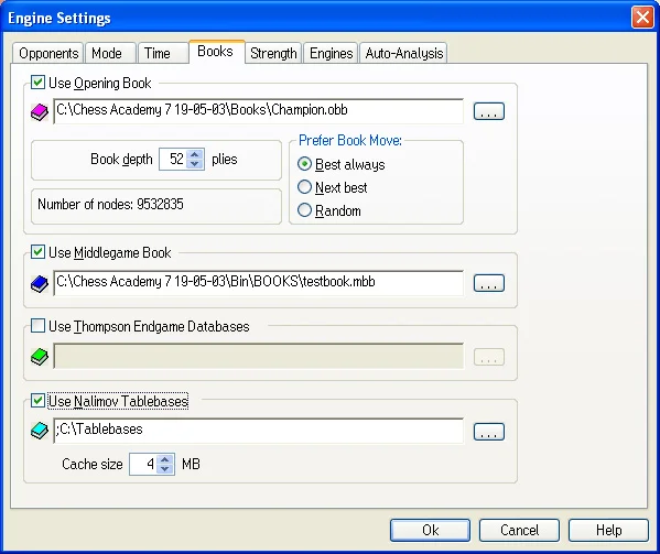 Opening Books 1 engine settings dialog window