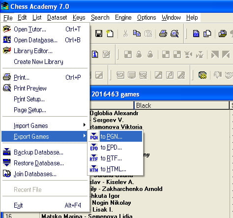 Converting options 2 export to pgn menu