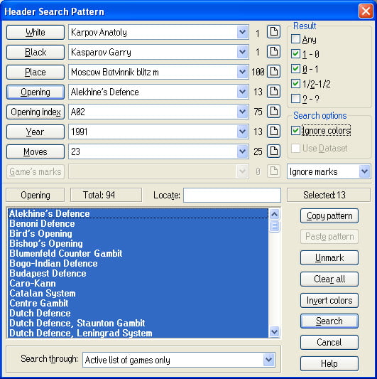 Search options 4 header search pattern dialog window