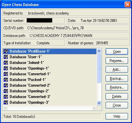 Database program 3 open chess database dialog window