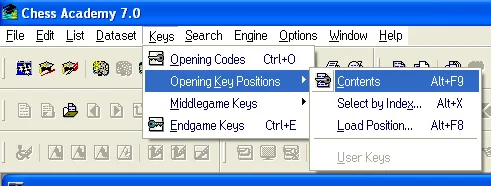 Keys in Chess Academy database program 4 opening key positions contents menu