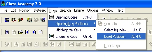 Keys in Chess Academy database program 8 opening key positions load position menu