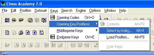 Keys in Chess Academy database program 6 opening key positions select by index menu