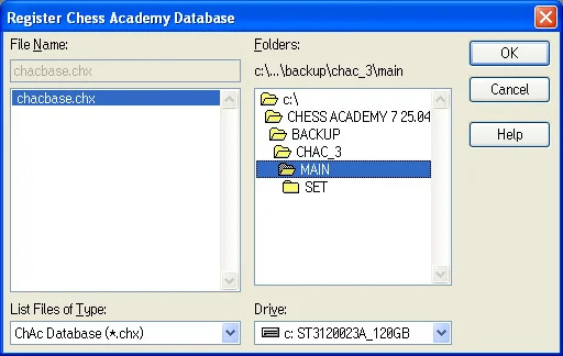 Database program 4 register chess database dialog window