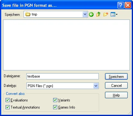 Converting options 3 save games in pgn format dialog window