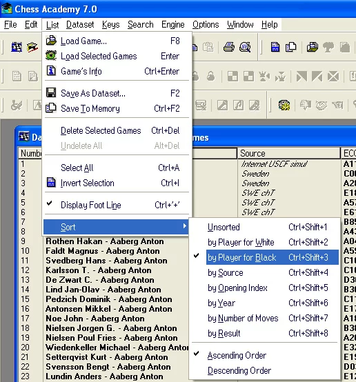 Sortings 8 sort by player for black menu