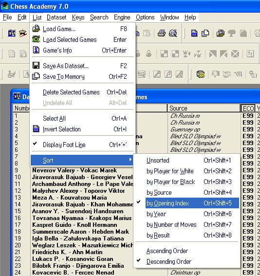 sort opening index menu
