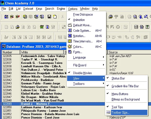 Program options 71 toolbar size options menu